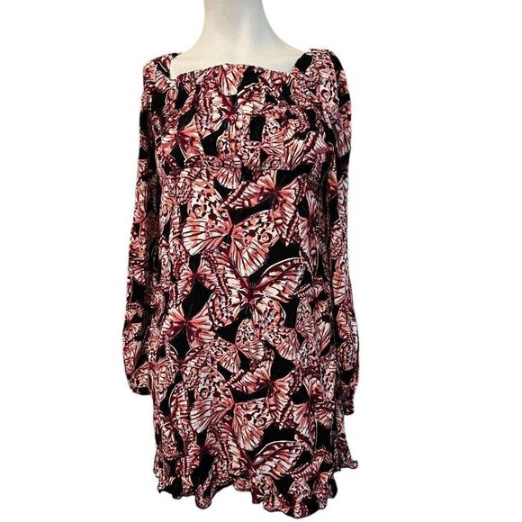 Juniors XL 14/16 Long Sleeve Butterfly Dress Square Neck Colorful Ruffles NWT - Picture 1 of 6